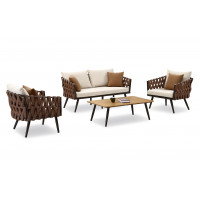 Manhattan Comfort OD-CV004 Crown 4-Piece Metal Patio Conversation Set with Brown and White Cushions